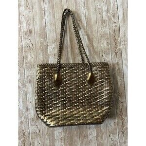 Vintage Franco Sarto Metallic Weave Genuine Leather Tote Satchel Handbag Purse